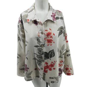 220 Hickory Button Front Floral Flax Cotton Shirt Jacket Size L Beige Orange